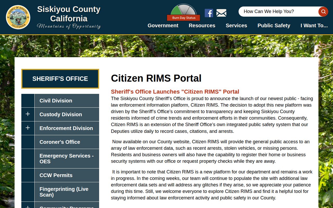 Siskiyou County Sheriff Citizen RIMS announcement
