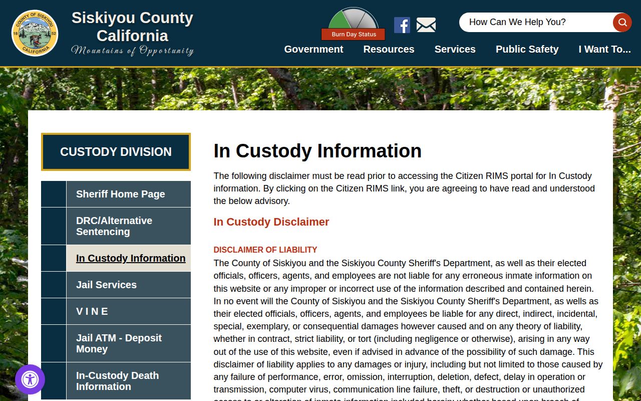 Siskiyou County in-custody information page and disclaimer