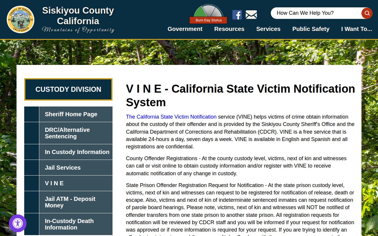 Siskiyou County VINE victim notification information page