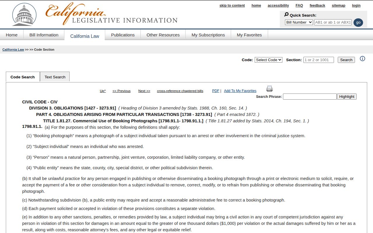 Official California Civil Code section 1798.91.1 page