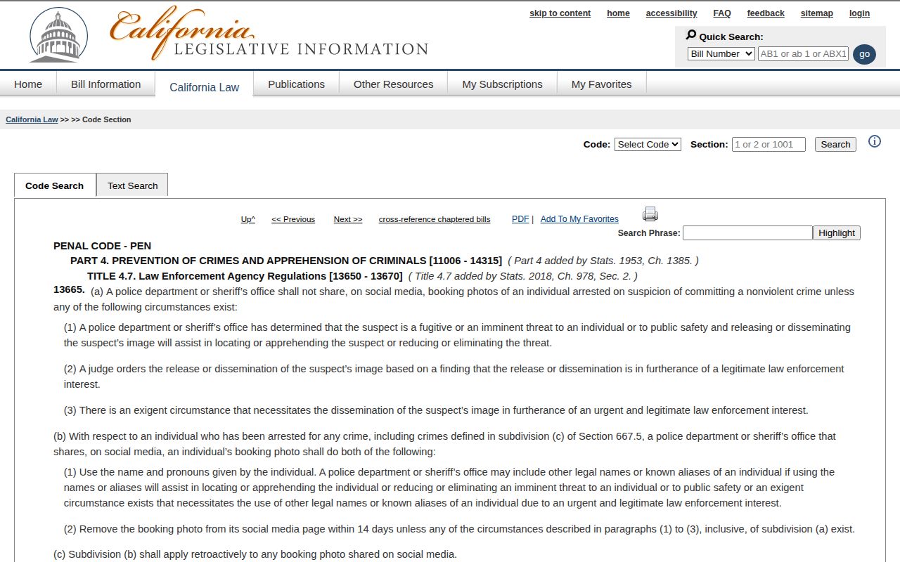 Official California Penal Code section 13665 page concerning booking photographs
