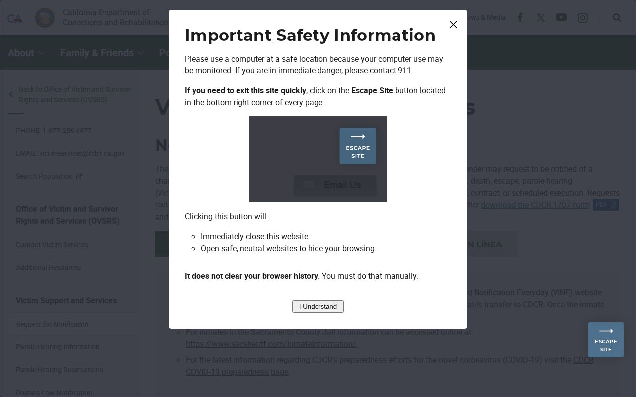 California CDCR victim notification registration page