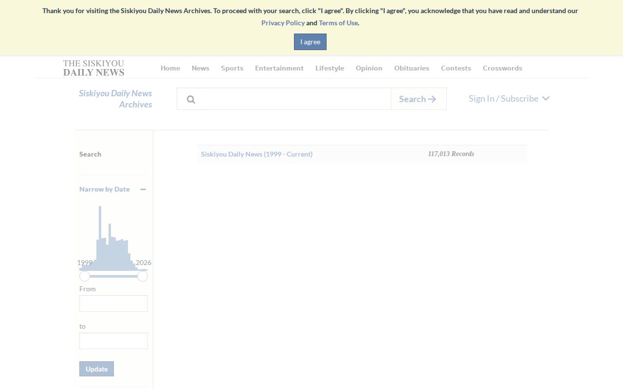 Siskiyou Daily News NewsBank archive search page