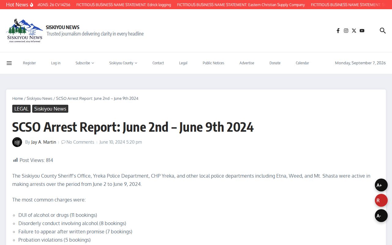 Siskiyou News June 2024 multi-agency arrest report