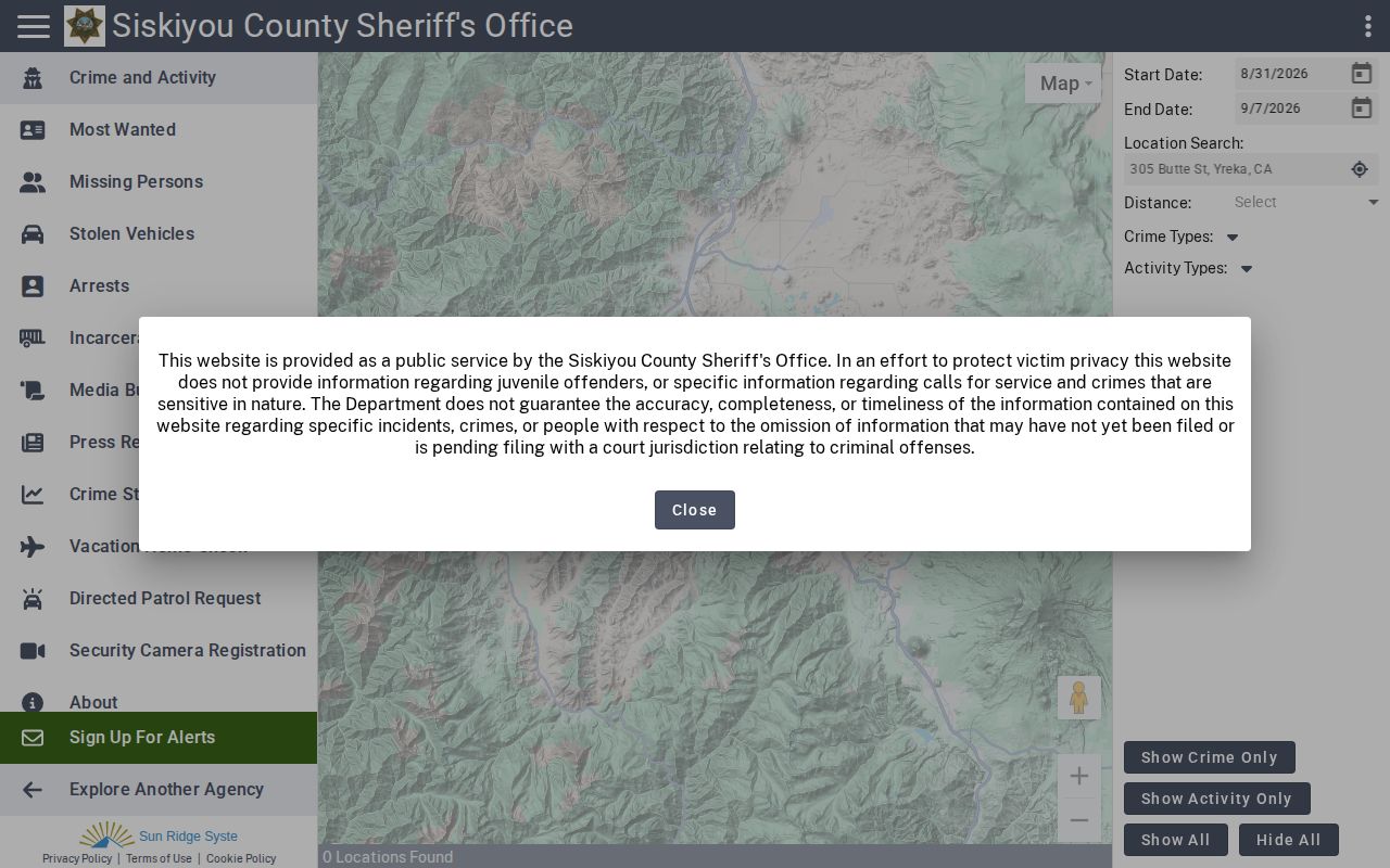 Siskiyou Sheriff Citizen RIMS warrants interface