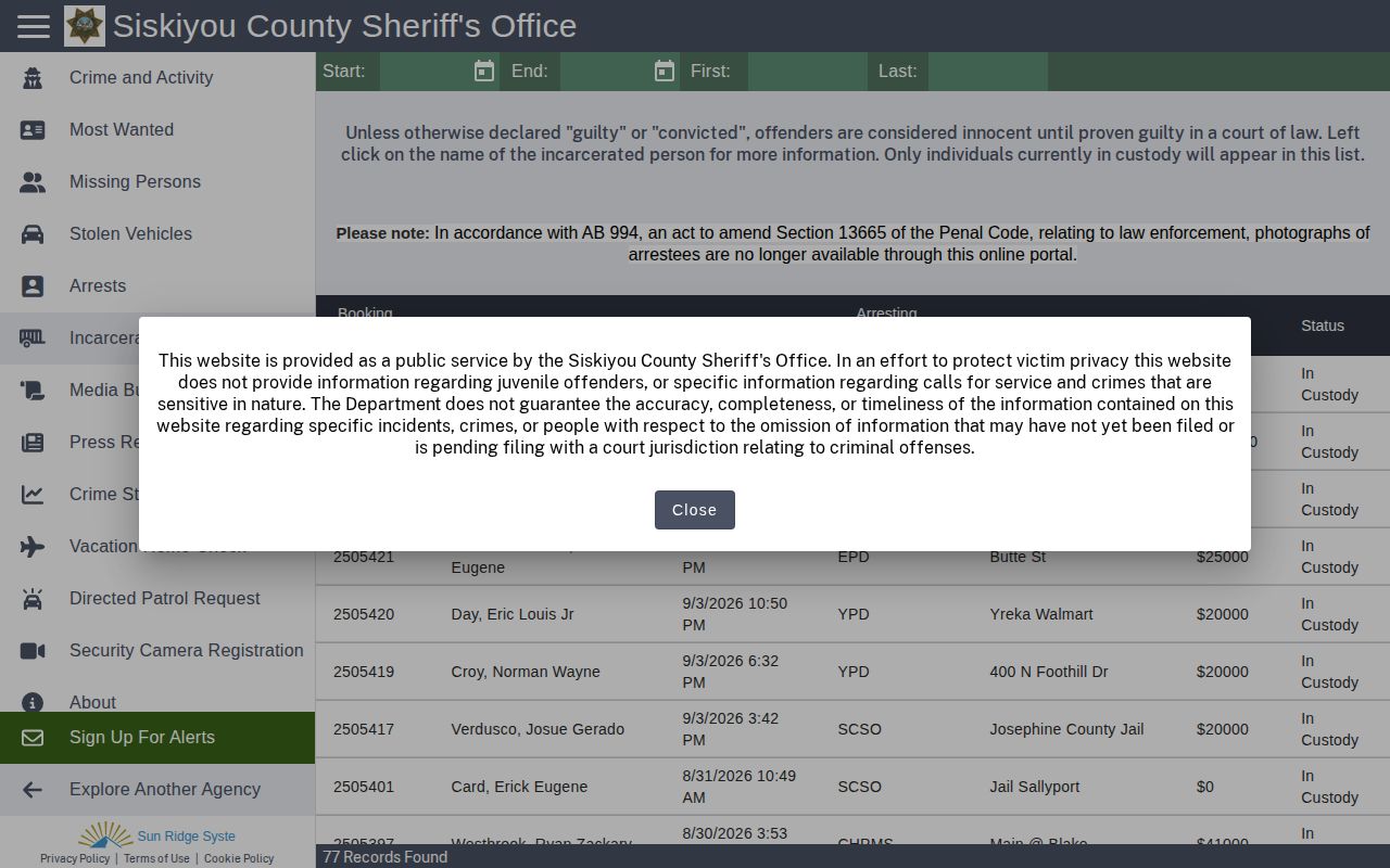 Siskiyou Sheriff Citizen RIMS current-custody search screen